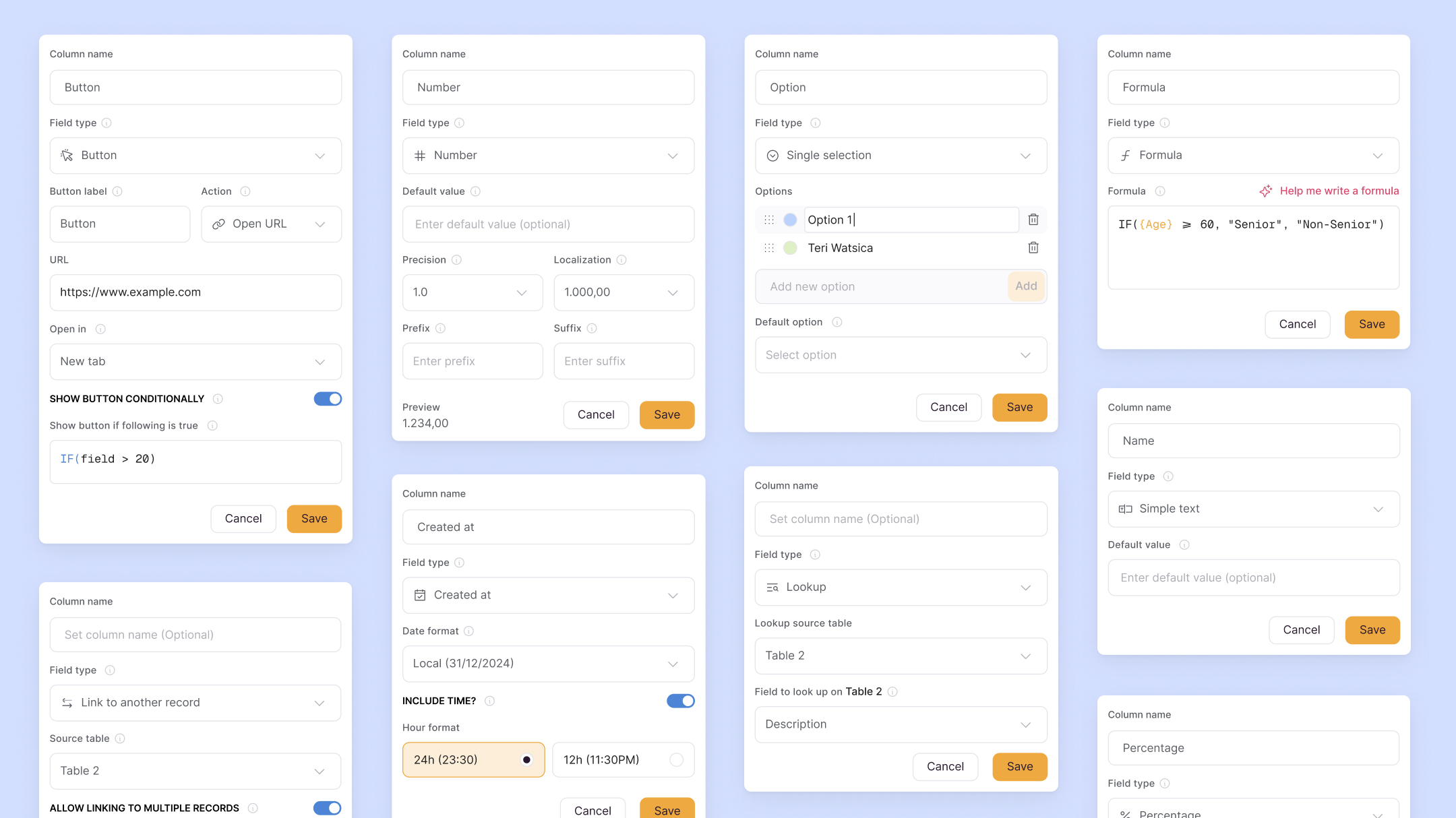 Softr Databases - Field types popovers preview