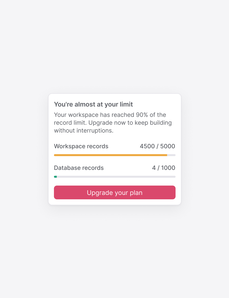 Softr Databases - Usage limits notification preview